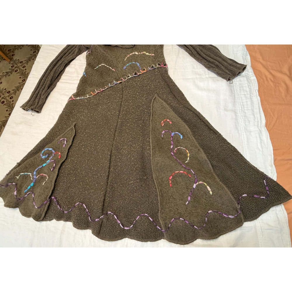 Y2K Midi embroidered sweater dress Ruffle Whimsy goth Lagenlook Art Brown Sz S/M - Picture 7 of 14